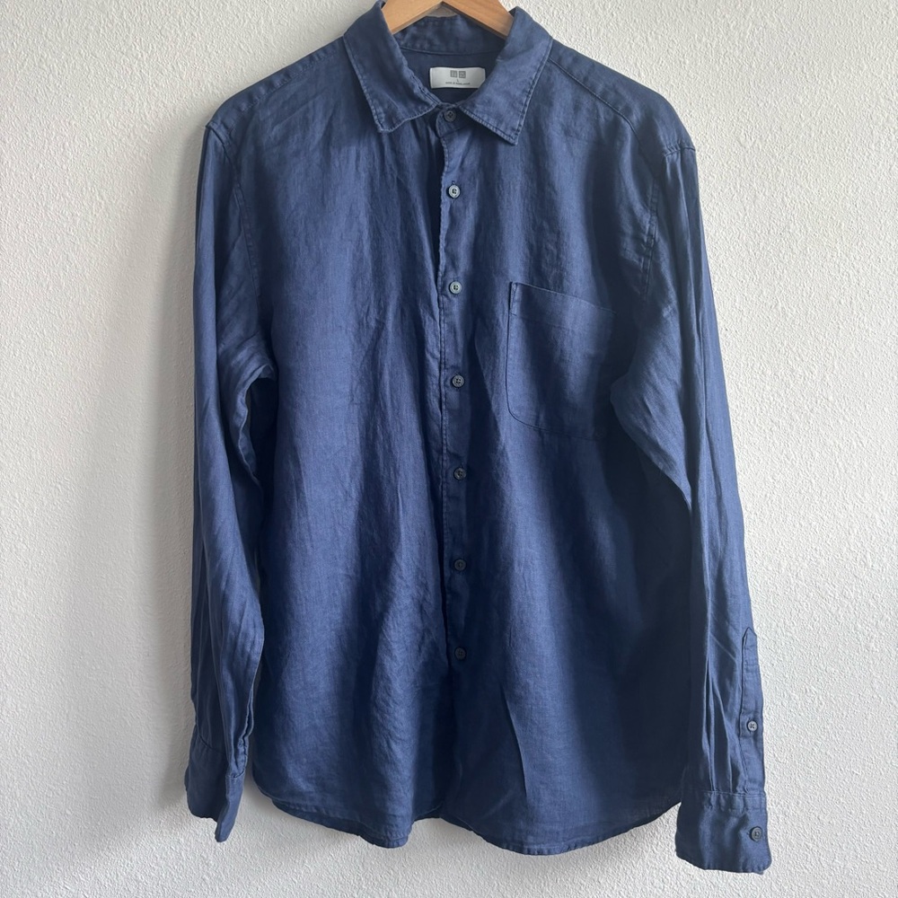 Uniqlo Navy Blue Long Sleeve 100% Linen Casual Button Down Shirt Front Pocket - Picture 2 of 8